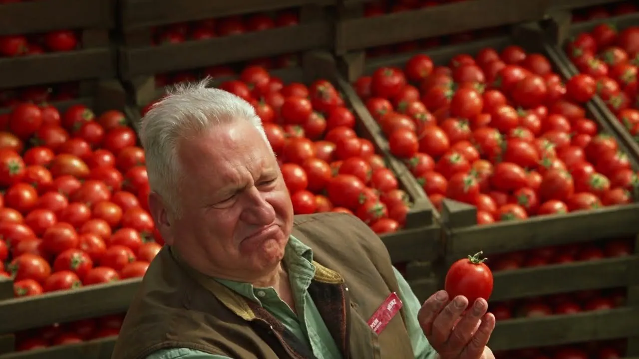 A Tomato Master, among the crates.